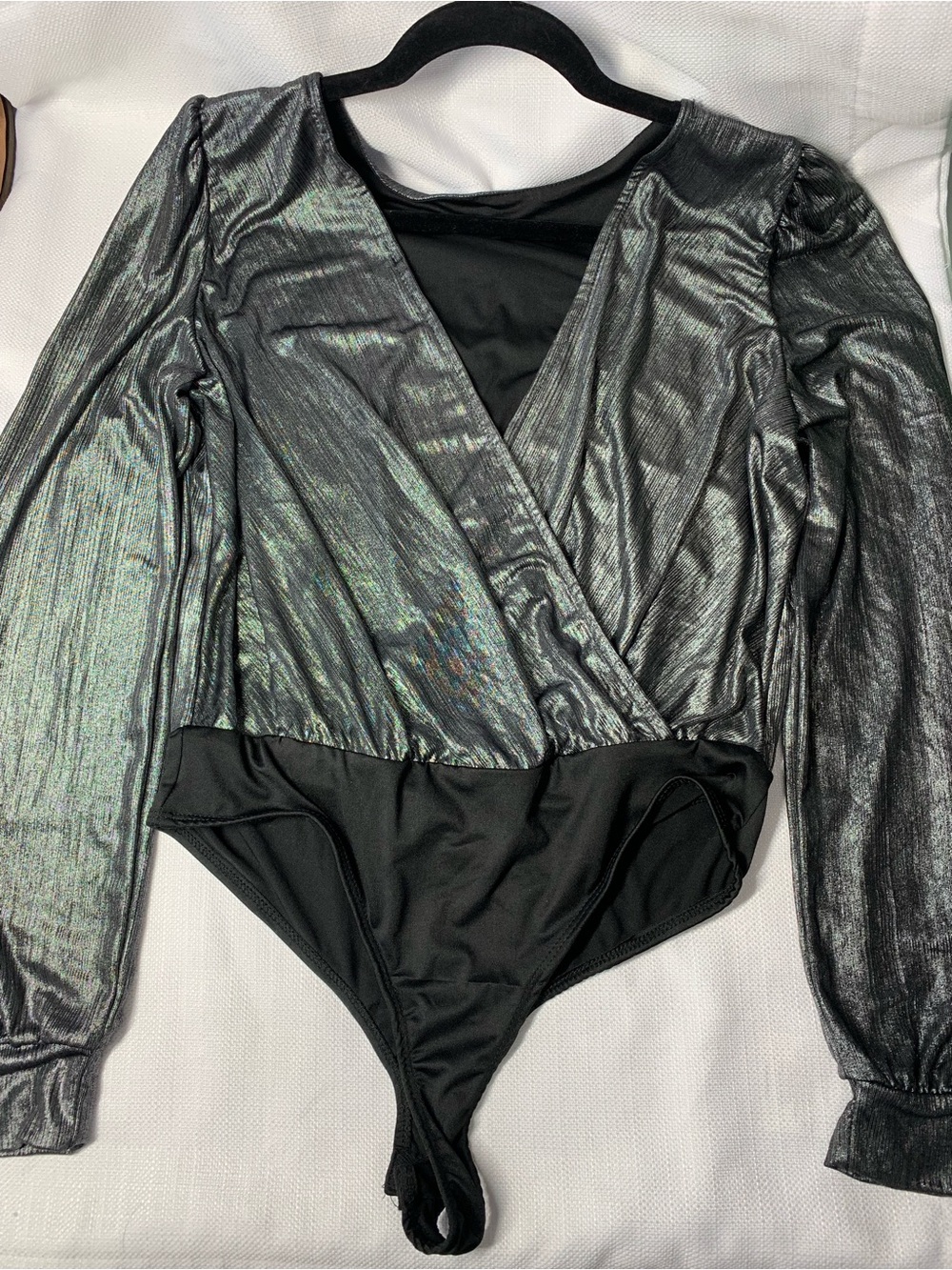 Women’s Iridescent Black Long-Sleeve Wrap Bodysuit